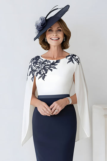 Navy Floral Cape Sleeve Pencil Mother of the Bride Dress